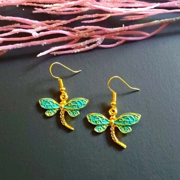 Beautiful Turquoise And Gold Dragonfly Handmade Earrings - Picture 2 of 3